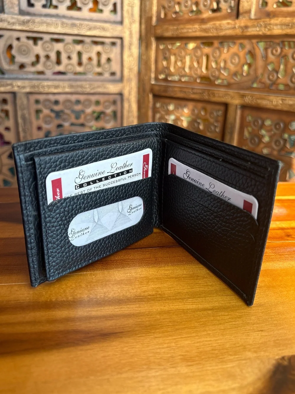 Genuine Leather Slim Bifold Wallet Black Mens - NWT